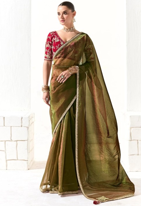 Incredible Olive Green Sequins Tissue Silk Saree With Maroon Blouse